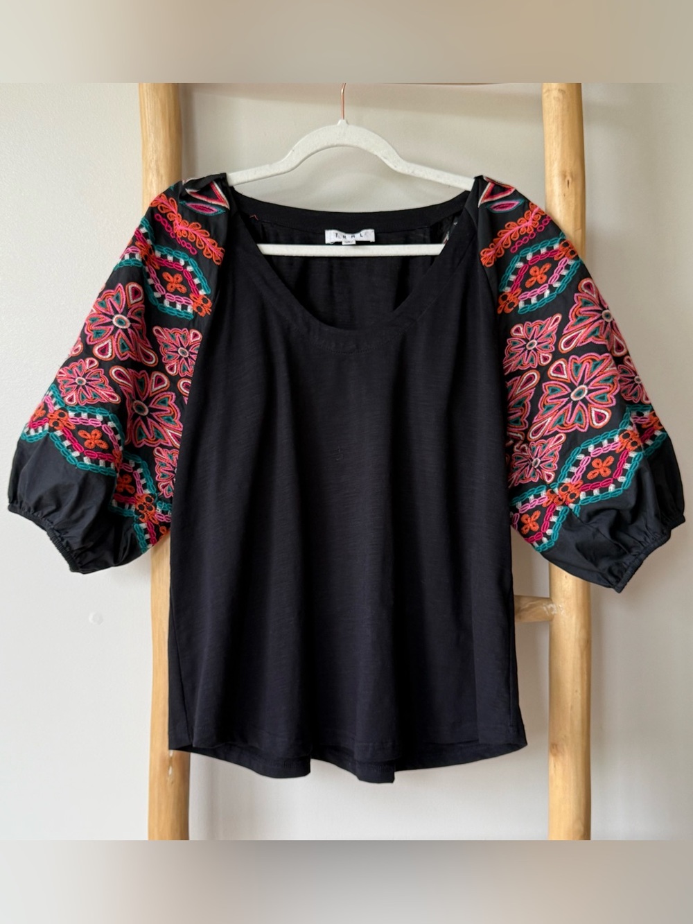 THML Anthropologie Black Cotton Colorful Embroidered Puffy Balloon Sleeve Top L